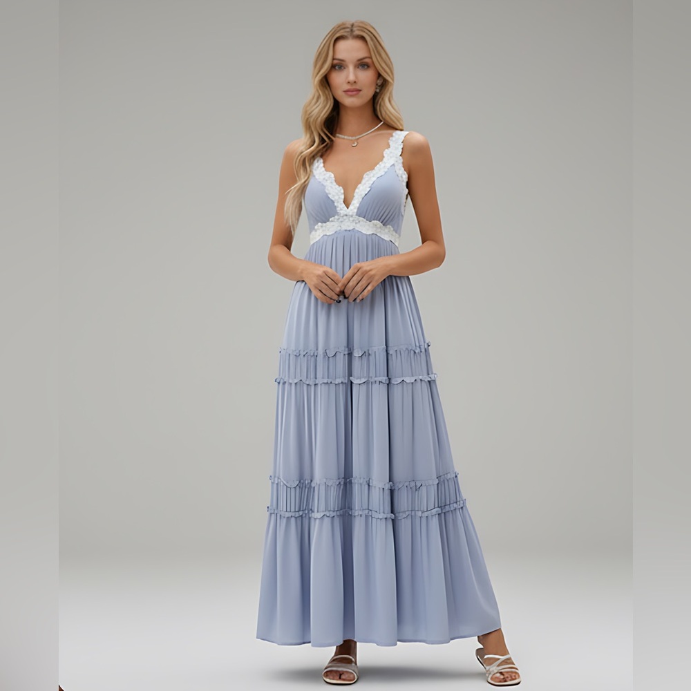 Boho Lace A-Line Flounce Hem Dress Blue